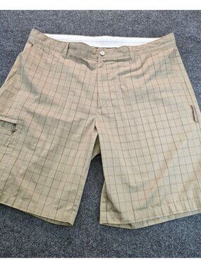 Greg Norman Flat Front Mens Golf Shorts 38 Tan Plaid Cargo Country Club Casual